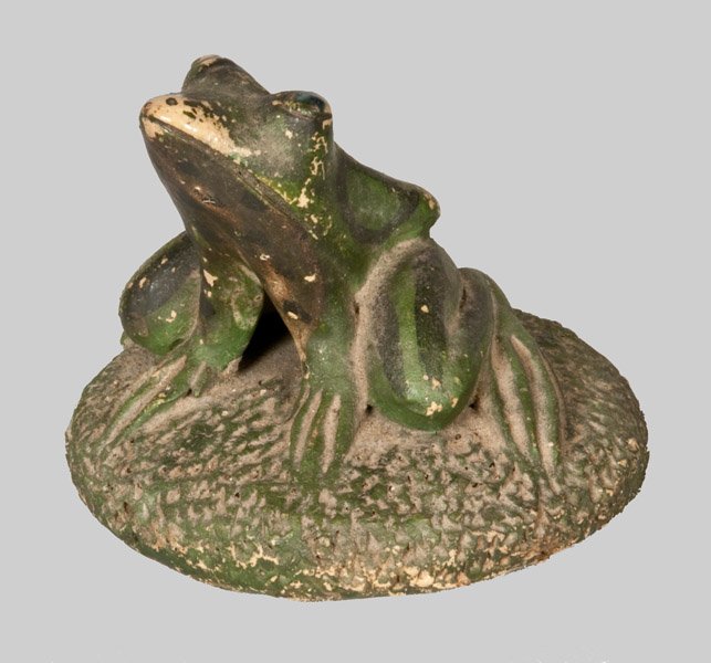 Rare Cold-Painted Stoneware Frog Paperweight Signed: Very Rare Cold-Painted Stoneware Frog Paperweight, Signed "Anna Pottery / 1887," Wallace and Cornwall Kirkpatrick, Anna, IL, molded figure of a frog with bulging eyes and incised details to face, eyes