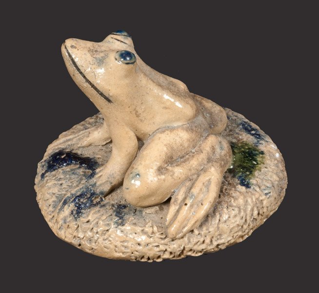 Rare Salt-Glazed Stoneware Frog Paperweight Signed: Rare Cobalt-Decorated Stoneware Frog Paperweight, Singed "Anna Pottery / 1887," Wallace and Cornwall Kirkpatrick, Anna, IL, molded figure of a frog with incised details to face and feet, seated atop a