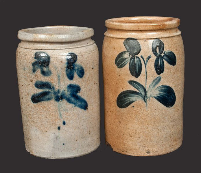 Lot of Two: 1/2 Gal. Stoneware Crocks with Clover: Two Half-Gallon Baltimore Stoneware Jars, third quarter 19th century, both of similar cylindrical form with rounded shoulder and semi-squared rims, one with boldly-brushed cobalt clover plants on the