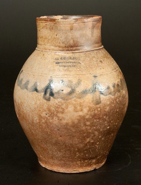 Rare C. CROLIUS / MANUFACTURER / NEW-YORK Stoneware: Rare One-Gallon Cobalt-Decorated Stoneware Pitcher, Stamped "C. CROLIUS, / MANUFACTURER, / NEW-YORK," Manhattan, NY origin, early 19th century, highly-ovoid pitcher with short collar and tooled accent