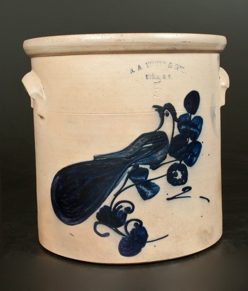 5 Gal. N. A. WHITE & SON / UTICA, NY Stoneware Crock: Five-Gallon Stoneware Crock with Cobalt Paddletail Bird Decoration, Stamped "N.A. WHITE & SON / UTICA, N.Y.," circa 1885, cylindrical crock with tooled shoulder, semi-rounded rim, and lug handles, dec