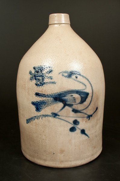 Rare 4 Gal. Stoneware Jug with Bird-and-Butterfly: Rare Four-Gallon Stoneware Jug with Cobalt Bird and Butterfly Decoration, atttributed to the Fulper Pottery, Flemington, NJ, fourth quarter 19th century, cylindrical jug with semi-squared spout, decor