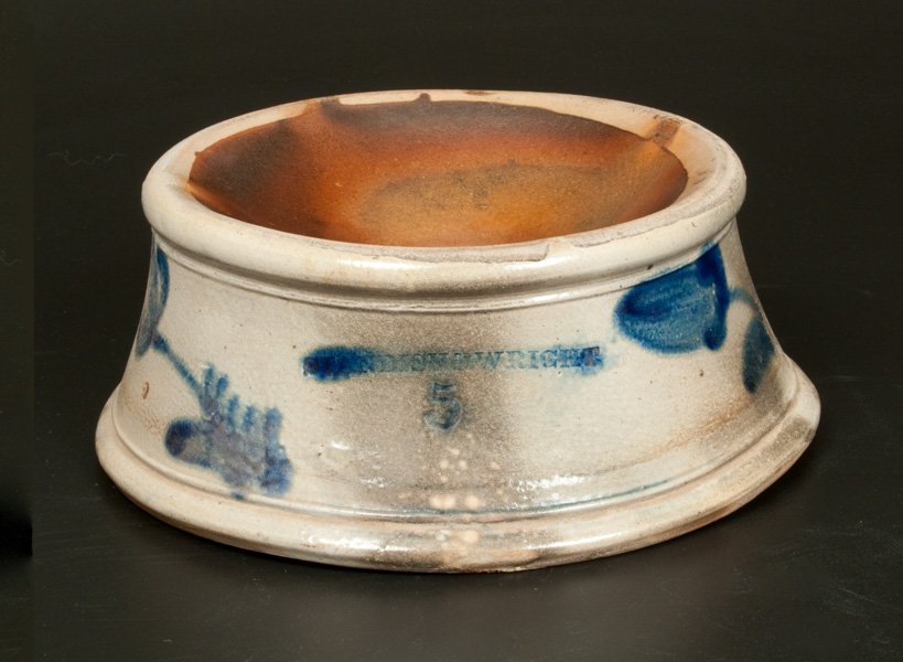 STANDISH & WRIGHT Stoneware Spittoon with Cobalt Floral: Scarce Stoneware Spittoon with Cobalt Floral Decoration, Stamped "STANDISH & WRIGHT," Taunton, MA, circa 1850, with footed base, rounded rim, and carved semi-circular opening at shoulder, the body dec