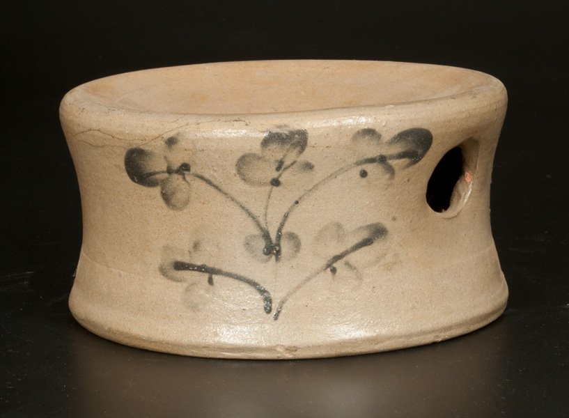 Rare Stoneware Spittoon with Cobalt Floral Decoration: Rare Stoneware Spittoon with Cobalt Floral Decoration, attributed to Henry Lowndes, Petersburg, VA, circa 1840, with coved sides and carved oval opening at shoulder, decorated on three sides with a br
