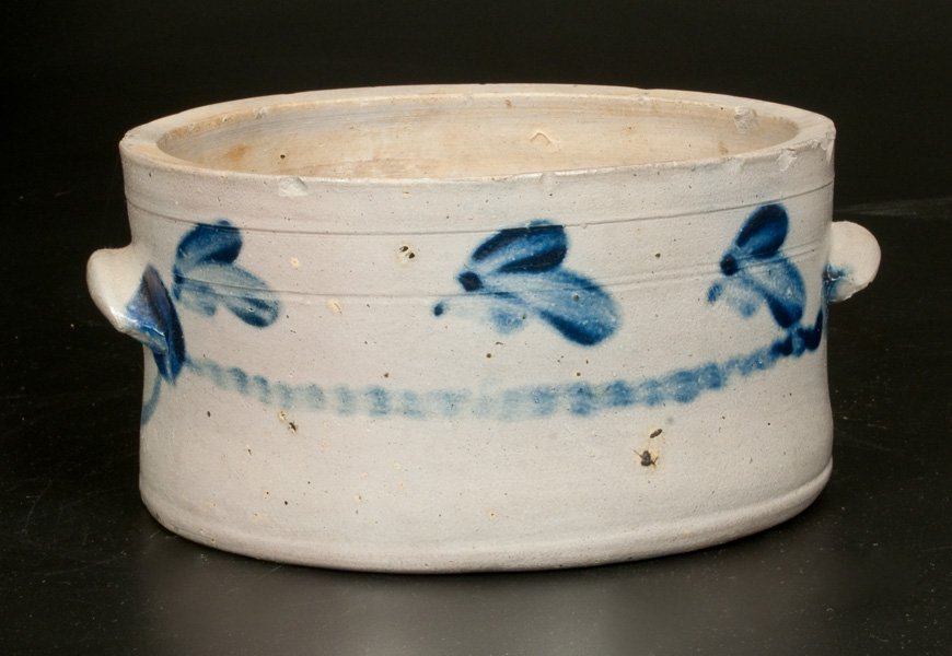1 Gal. Decorated Stoneware Butter Crock, Baltimore,: One-Gallon Stoneware Butter Crock, Baltimore, MD origin, circa 1870, cylindrical crock with toled shoulder, squared rim, and applied tab handles, decorated on the front and back with brushed clovers u
