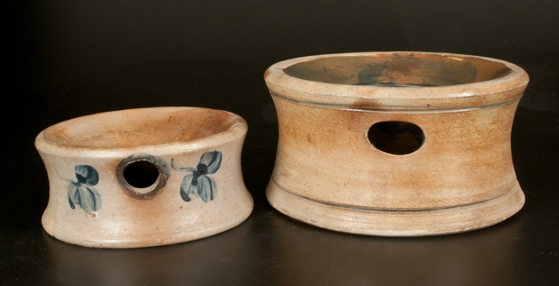 Lot of Two: Spittoons incl. Decorated Baltimore Example: Two Stoneware Spittoons, American, second half 19th century, one with clover decoration and cobalt brushed around the opening at shoulder, Baltimore, MD origin, circa 1875; the other a large-sized exa