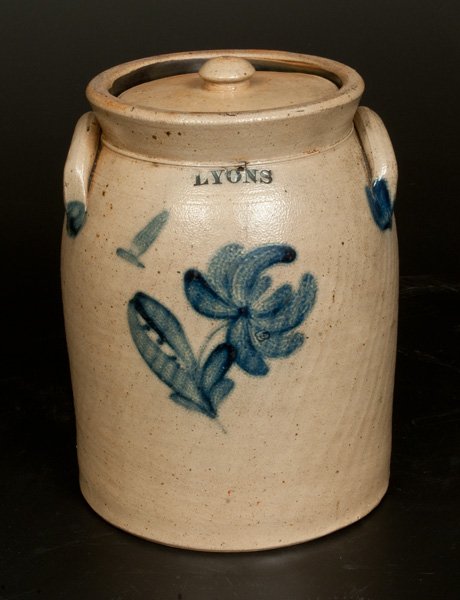 1 Gal. LYONS Lidded Stoneware Crock with Floral: One-Gallon Lidded Stoneware Jar with Cobalt Floral Decoration, Stamped "LYONS," Thompson Harrington, Lyons, NY, circa 1865, cylindrical jar with tooled shoulder, flared rim, and applied lug handles, d