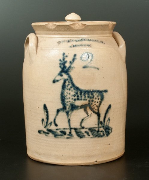 Very Rare T. HARRINGTON / LYONS Stoneware 2 Gal.: Very Rare Two-Gallon Lidded Stoneware Jar with Cobalt Deer Decoration, Stamped "T. HARRINGTON / LYONS," New York State origin, circa 1860, cylindrical jar with tooled shoulder, flared rim, and applied