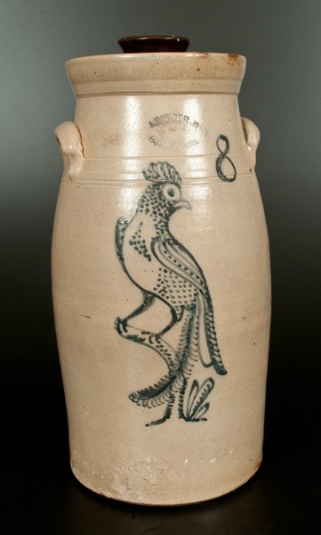 J. BURGER JR. / ROCHESTER, NY Stoneware Churn with: Outstanding Eight-Gallon Stoneware Churn with Cobalt Pheasant Decoration, Stamped "J. BURGER, JR. / ROCHESTER, N.Y.," circa 1885, semi-ovoid churn with tooled shoulder, applied lug handles, and tall f