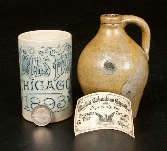Lot of Two Small Stoneware Articles and Chicago World's: Lot of Two Small Stoneware Articles and Chicago World's Fair Memorabilia, American, 19th century, a molded stoneware mug with cobalt accents, inscribed "WORLD'S FAIR / CHICAGO / 1893," attributed to t