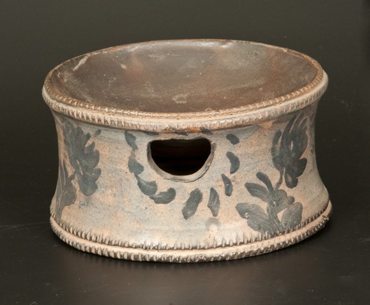 Unusual Stoneware Spittoon with Coggled Edges, possibly: Unusual Stoneware Spittoon with Cobalt Floral Decoration and Coggled Edges, possibly Huntingdon County, PA, third quarter 19th century, with concaves sides, footed base, and carved opening at shoulder