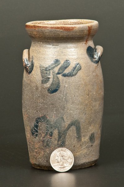 Miniature Stoneware Churn with Initials "M. R.",: Rare Miniature Stoneware Presentation Churn with Freehand Initials "M.R.," probably Beaver, PA, third quarter 19th century, semi-ovoid form with flared rim and applied lug handles, decorated with brus