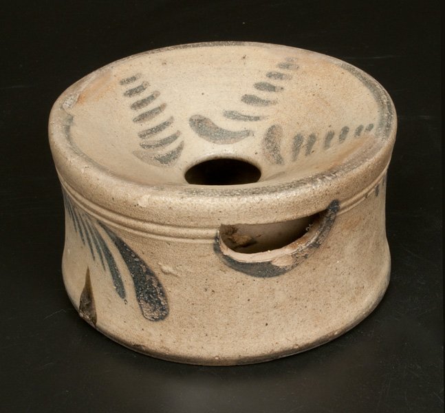 Western PA Cobalt-Decorated Stoneware Spittoon, circa: Cobalt-Decorated Stoneware Spittoon, Western PA origin, circa 1875, with flared base, nicely-tooled shoulder, and carved semi-circular opening at shoulder, the circumference and top surface decorated 