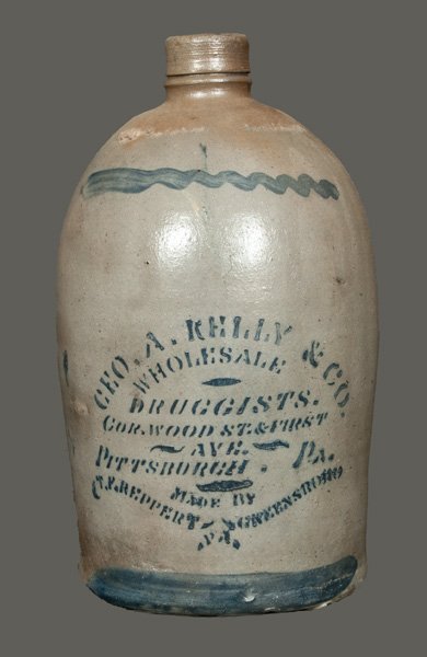 Rare Pittsburgh Stoneware Advertising Jug Signed MADE: Rare One-Gallon Stoneware Jug with Pittsburgh, PA Advertising, Stenciled "MADE BY / T.F. REPPERT GREENSBORO / PA," circa 1880, cylindrical jug with rounded shoulder and tooled spout, featuring the ste