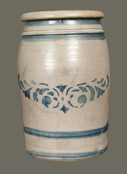 1 Gal. Western PA Stoneware Jar with Stenciled: One-Gallon Stoneware Jar with Stenciled and Freehand Cobalt Decoration, Western PA origin, circa 1875, cylindrical jar with tooled shoulder and semi-rounded rim, the midsection decorated with stencile
