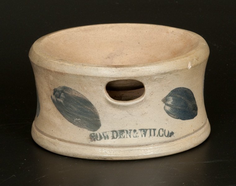COWDEN & WILCOX Stoneware Spittoon with Cobalt: Scarce Small-Sized Stoneware Spittoon with Cobalt Decoration, Stamped "COWDEN & WILCOX," Harrisburg, PA origin, circa 1865, with footed base and carved oval opening at shoulder, the circumference deco