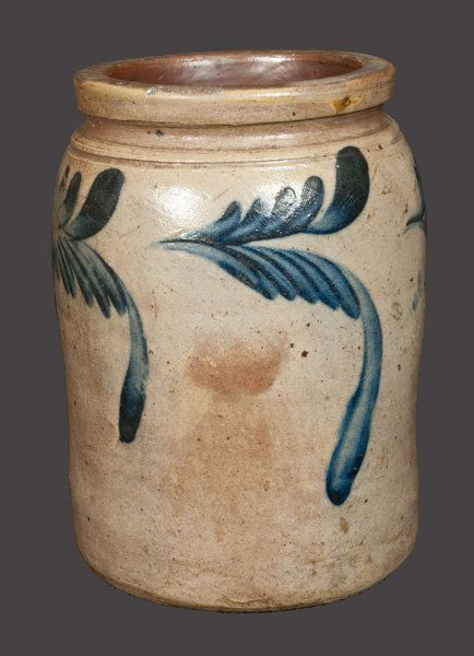 1/2 Gal. Remmey Stoneware Crock with Brushed Cobalt: Half-Gallon Stoneware Jar with Foliate Decoration, attributed to the Remmey Pottery, Philadelphia, PA, circa 1865, cylindrical jar with tooled shoulder and squared rim, decorated with four large brush