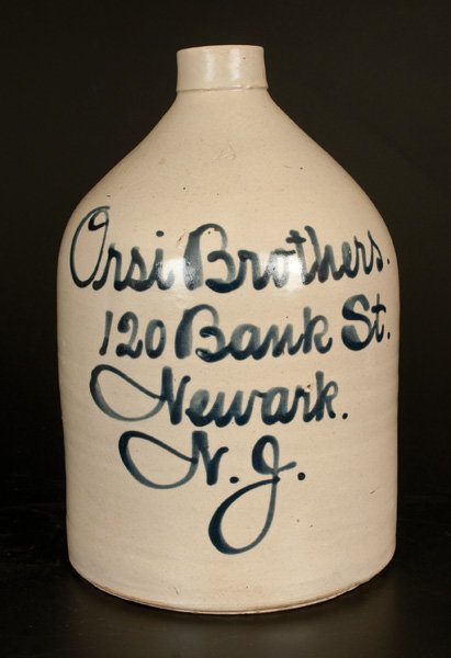 Orsi Bros. / Newark, NJ Stoneware Script Advertising: Two-Gallon Newark, NJ Stoneware Advertising, Jug, attributed to the Fulper Pottery, Flemington, NJ, late 19th century, cylindrical, Bristol-slip-glazed jug with squared spout, featuring the cobalt adv