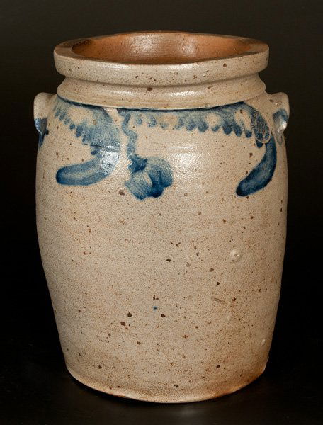 P. HERRMANN (Baltimore) Stoneware Jar w/ Hanging Floral: One-and-a-Half-Gallon Stoneware Jar with Cobalt Floral Decoration, Stamped "P. HERRMANN," Baltimore, MD, circa 1860, ovoid jar with tooled shoulder, squared rim, and applied tab handles, decorated wit