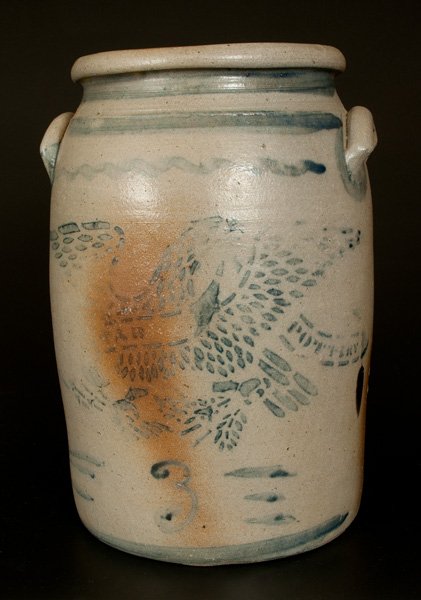 3 Gal. STAR POTTERY Stoneware Jar with Stenciled Eagle: Three-Gallon Stoneware Jar with Stenciled Cobalt Eagle Decoration, Stenciled "STAR POTTERY," Greensboro, PA origin, circa 1875, cylindrical jar with tooled shoulder, semi-rounded rim, and applied lug