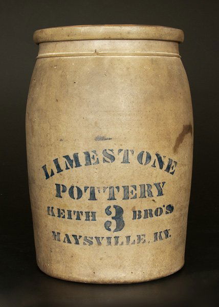 Very Rare LIMESTONE POTTERY / KEITH BROS / MAYSVILLE,: Very Rare Three-Gallon Stoneware Jar, Stenciled "LIMESTONE POTTERY / KEITH BROS / MAYSVILLE, KY," second half 19th century, cylindrical jar with tooled shoulder and semi-squared rim, featuring the blo