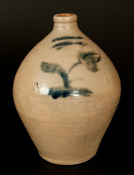 L. NORTON & CO. / BENNINGTON 3 Gal. Stoneware Jug: Two-Gallon Stoneware Jug with Cobalt Floral Decoration, Stamped "L. NORTON & CO. / BENNINGTON," Vermont origin, circa 1823-1833, ovoid jug with tooled spout and heavily-ribbed handle, decorated with a