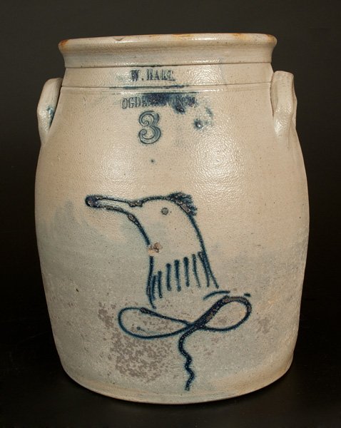 W. HART / OGDENSBURGH Stoneware Jar with Cobalt Bird: Two-Gallon Stoneware Jar with Cobalt Bird Decoration, Stamped "W. HART / OGDENSBURGH," New York State origin, circa 1860, semi-ovoid jar with tooled shoulder, slightly-flared rim, and lug handles, dec