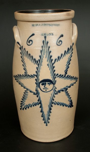 Rare 6 Gal. T. HARRINGTON / LYONS Stoneware Churn w/: Six-Gallon Stoneware Churn with Cobalt Starface Decoration, Stamped "T. HARRINGTON / LYONS," New York State origin, circa 1860, semi-ovoid churn with tooled shoulder, squared rim, and applied lug hand