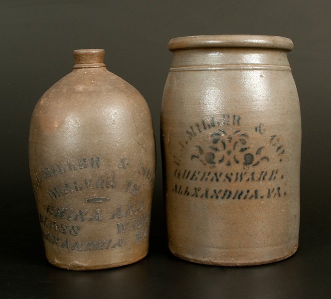 Lot of Two: E. J. MILLER / ALEXANDRIA, VA Stoneware: Two Pieces of "E.J. MILLER / ALEXANDRIA, VA" Stoneware with Cobalt Stenciling, Western PA origin, circa 1875, a half-gallon jug, stenciled "E.J. MILLER & SON. / DEALERS IN / CHINA AND / GLASS WARE. /