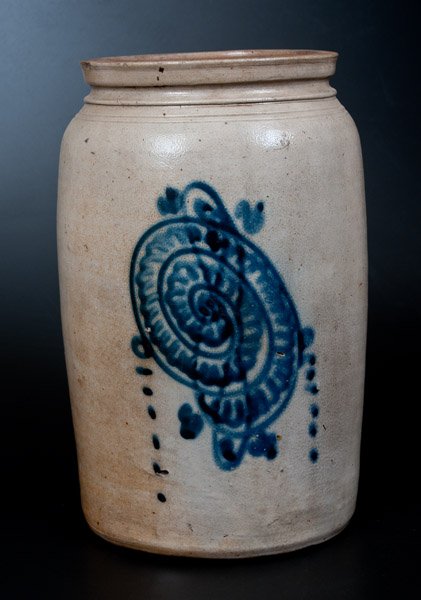 New Jersey Stoneware Jar with Slip-Trailed Snail: Unusual Two-Gallon Stoneware Jar with Cobalt Snail Decoration, New Jersey origin, third quarter 19th century, cylindrical jar with squared rim, decorated in slip-trailed cobalt with a stylized swirled