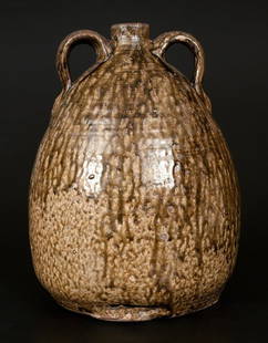 Rare Double-Handled Franklin L. Becham, Crawford: Rare Double-Handled Stoneware Jug with Alkaline Glaze Marked "F.L.B.," Franklin L. Becham, Crawford County, GA, late 19th or early 20th century, ovoid jug with cylindrical spout and applied strap