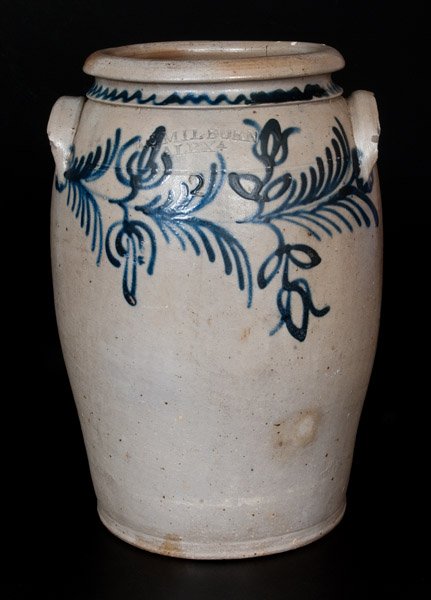 Fine B. C. MILBURN / ALEXA., Alexandria, VA Stoneware: Two-Gallon Stoneware Jar with Cobalt Floral Decoration, Stamped "B.C. MILBURN / ALEXA," Alexandria, VA origin, circa 1850, ovoid jar with tooled shoulder, semi-rounded rim, and applied lug handles, de