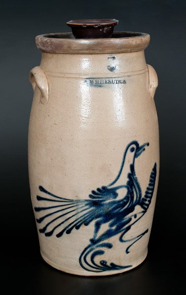 5 Gal. WHITES UTICA Stoneware Churn w/ Slip-Trailed: Five-Gallon Stoneware Churn with Cobalt Fantail Bird Decoration, Stamped "WHITES UTICA," third quarter 19th century, ovoid churn with tooled shoulder, semi-rounded rim, and applied lug handles, decora