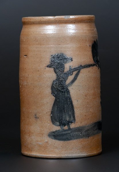 Very Rare Morgantown, WV Stoneware Canning Jar with: Very Rare Stoneware Canning Jar with Cobalt Decoration of a Woman Shooting a Bird, attributed to David Greenland Thompson, Morgantown, WV, circa 1870, cylindrical jar decorated with a brushed cobalt d