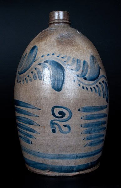 2 Gal. Western PA Stoneware Jug with Freehand Vine and: Fine Two-Gallon Stoneware Jug with Elaborate Freehand Cobalt Decoration, Western PA origin, circa 1870, ovoid jug with tooled spout and ribbed handle, decorated with a large freehand above above a scr
