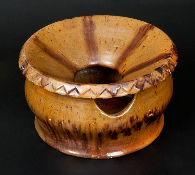 Unusual Redware Spittoon w/ Saw-Tooth Rim, possibly: Unusual Glazed Redware Spittoon with Coggled Decoration, possibly Jacob Heart, Chambersburg, PA, circa 1840, with bulbous body and flared rim with coggled sawtooth decoration, the surface decorated wi