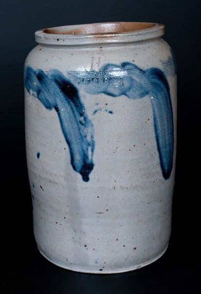 1 1/2 Gal. Stoneware Crock Stamped H. MYERS, Baltimore,: One-and-a-Half-Gallon Stoneware Jar with Cobalt Swag Decoration, Stamped "H. MYERS," Baltimore, MD origin, circa 1825, cylindrical jar with footed base, tooled and rounded shoulder, and squared rim, d