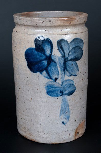1 Gal. P. HERRMANN Stoneware Jar w/ Cobalt Floral: One-Gallon Stoneware Jar with Cobalt Floral Decoration, Stamped "P. HERRMANN," Baltimore, MD origin, circa 1880, cylindrical jar with tooled shoulder and squared rim, decorated with a large two-stemme