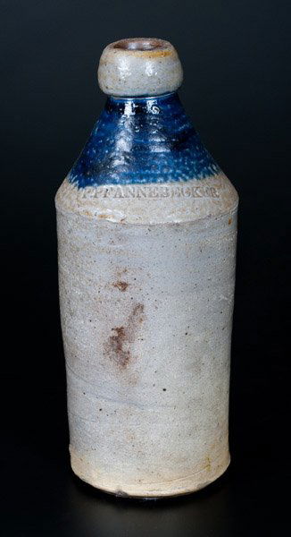 P. PFANNEBECKER Stoneware Bottle w/ Cobalt-Dipped Top: Cobalt-Decorated Stoneware Bottle, Stamped "P. PFANNEBECKER," Northeastern U.S. origin, second half 19th century, with bright cobalt highlight around neck. Some in-the-firing discoloration to surface