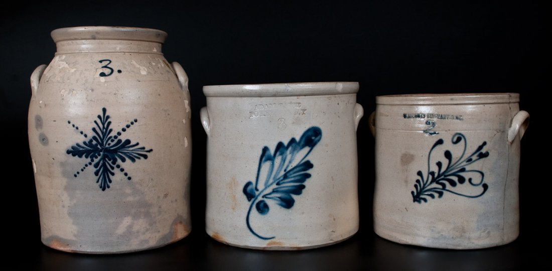 Lot of Three: Stoneware Jars with Cobalt Decoration: Three Northeastern U.S. Stoneware Jars with Cobalt Decoration, second half 19th century, a three-gallon jar with abstract slip-trailed foliate design, stamped "UNION POTTERY, / J. ZIPF, PROp. / NEWARK