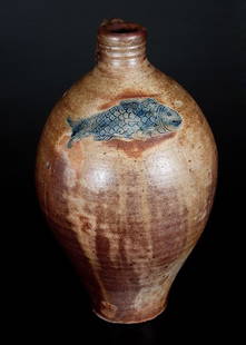 Excellent Boston Stoneware Jug w/ Impressed Fish: Excellent One-Gallon Stoneware Jug with Impressed Fish Decoration, Boston, Massachusetts origin, early 19th century, finely-potted, ovoid jug with narrow base, heavily-tooled spout, and ribbed handle,