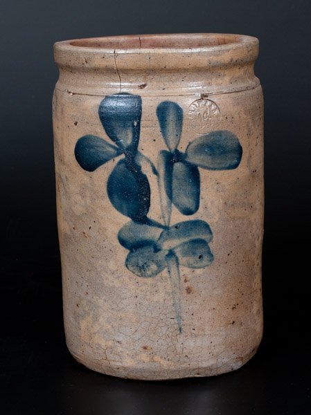 P. HERRMANN, Baltimore Stoneware Jar w/ Clover: One-Gallon Stoneware Jar with Cobalt Clover Decoration, Stamped "P. HERRMANN," Baltimore, MD, circa 1880, cylindrical jar with tooled shoulder and semi-squared rim, decorated with a large two-stemmed