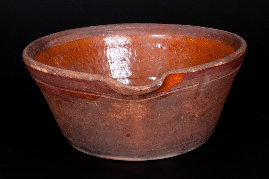 Very Rare W.J. Smith, Jr., Bridgeton, NJ Redware: Very Rare New Jersey Redware Milkpan with Incised Itemization and Pinprick Signature, "W.J. Smith, Jr.," Bridgeton, NJ, circa 1865-1895, tapered pan with pouring spout, incised shoulder, and lead-glaz