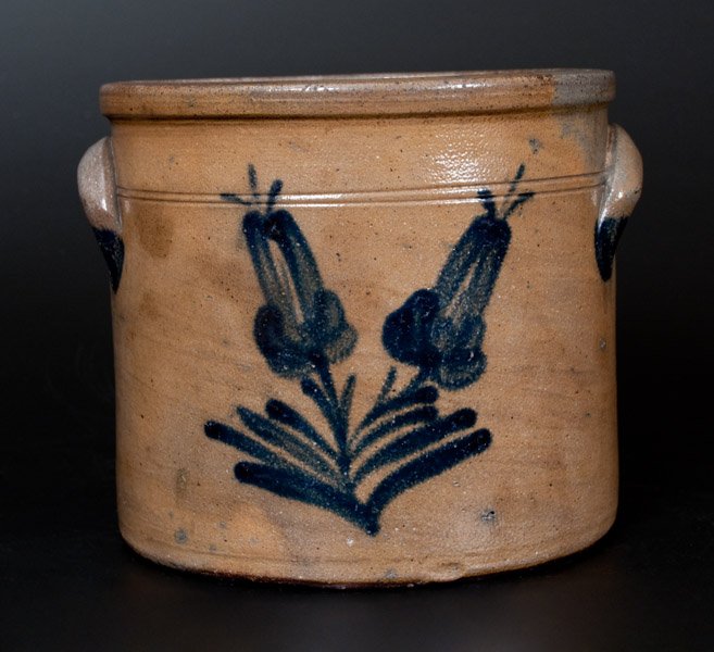 Stoneware Crock attrib. Samuel Irvine, Newville, PA,: One-Gallon Stoneware Crock with Floral Decoration, attributed to Samuel I. Irvine, Newville, PA, circa 1865, cylindrical crock with tooled shoulder, semi-squared rim, and applied lug handles, decorate