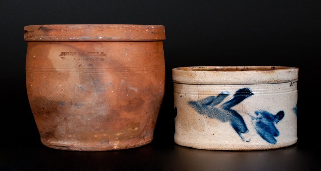 Lot of Two: Pennsylvania Pottery (JOHN W. BELL /: Two Pieces of Pennsylvania Pottery, circa 1880, a redware jar with lead-glazed interior, stamped "JOHN W. BELL / Waynesboro, Pa.," paired with a half-gallon butter crock with incised banding and brush