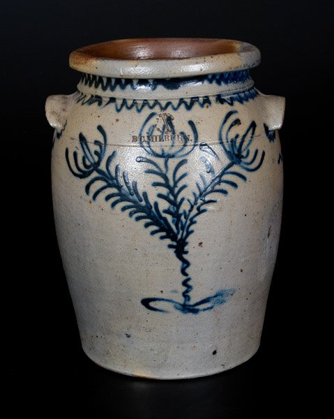 B. C. MILBURN, Alexandria, VA, Stoneware Jar w/ Fine: Fine One-Gallon Stoneware Jar with Elaborate Slip-Trailed Cobalt Decoration, Stamped "B.C. MILBURN," Alexandria, VA origin, circa 1855, ovoid jar with tooled shoulder, semi-rounded rim, and applied ta