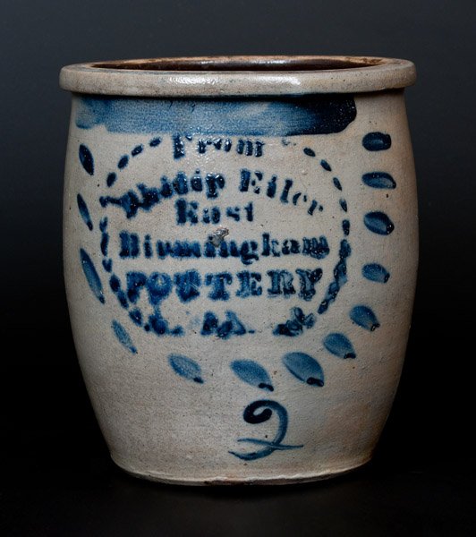 PHILIP EILER / EAST BIRMINGHAM, PA Stoneware Cream Jar: Rare Two-Gallon Stoneware Jar with Freehand Cobalt Decoration, Stenciled "From Philip Eiler / East Birmingham POTTERY," Pittsburgh, PA origin, circa 1863-1873, ovoid jar with squared rim, featuring th