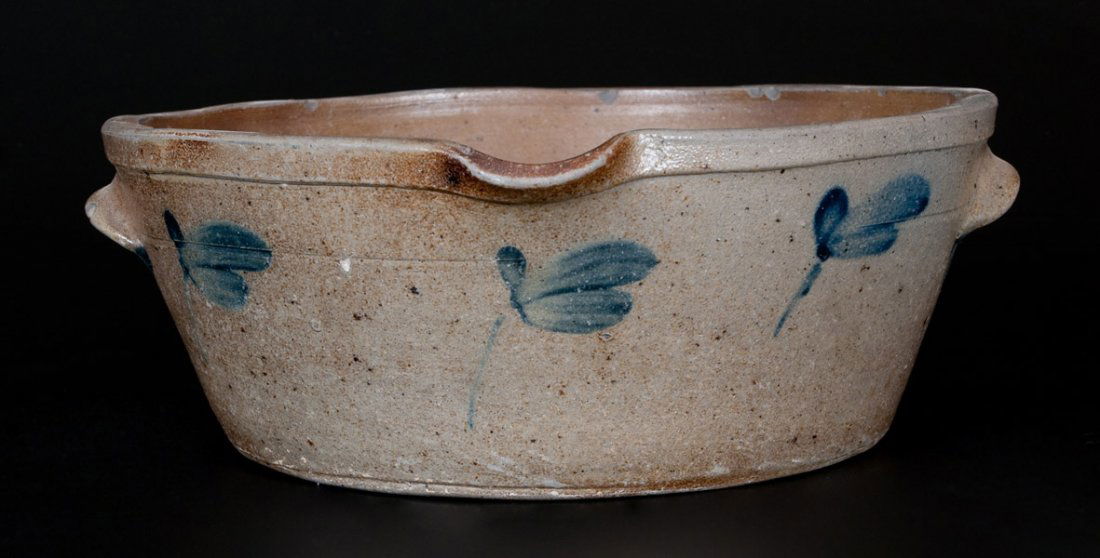 Stoneware Milkpan, Baltimore, circa 1870: One-Gallon Cobalt-Decorated Stoneware Milkpan, Baltimore, MD origin, circa 1870, tapered pan with applied tab handles and pouring spout, decorated around the body with six brushed clovers. Cobalt high