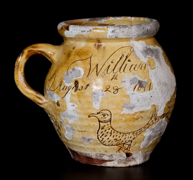 Scarce Sgraffito Redware Sugar Jar with Fish and Bird: Scarce Sgraffito Redware Sugar Jar with Fish and Bird Decorations, Incised "William Folley His Shugar (sic) Pot / August 28th 1811," Signed "Philip Pittler / Makr," English origin, 1811, ovoid form wi