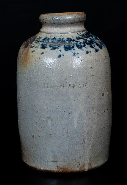 Very Rare JOHN BELL / WAYNESBORO Stoneware Jar: Possibly Unique Cobalt-Decorated Stoneware Canning Jar, Inscribed "This is 1860," Stamped "JOHN BELL / WAYNESBORO," PA origin, 1860, cylindrical jar with rounded shoulder and narrow mouth, decorated a
